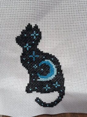 Completed Cat Moon Finished Cross Stitch Embroidery Needlepoint